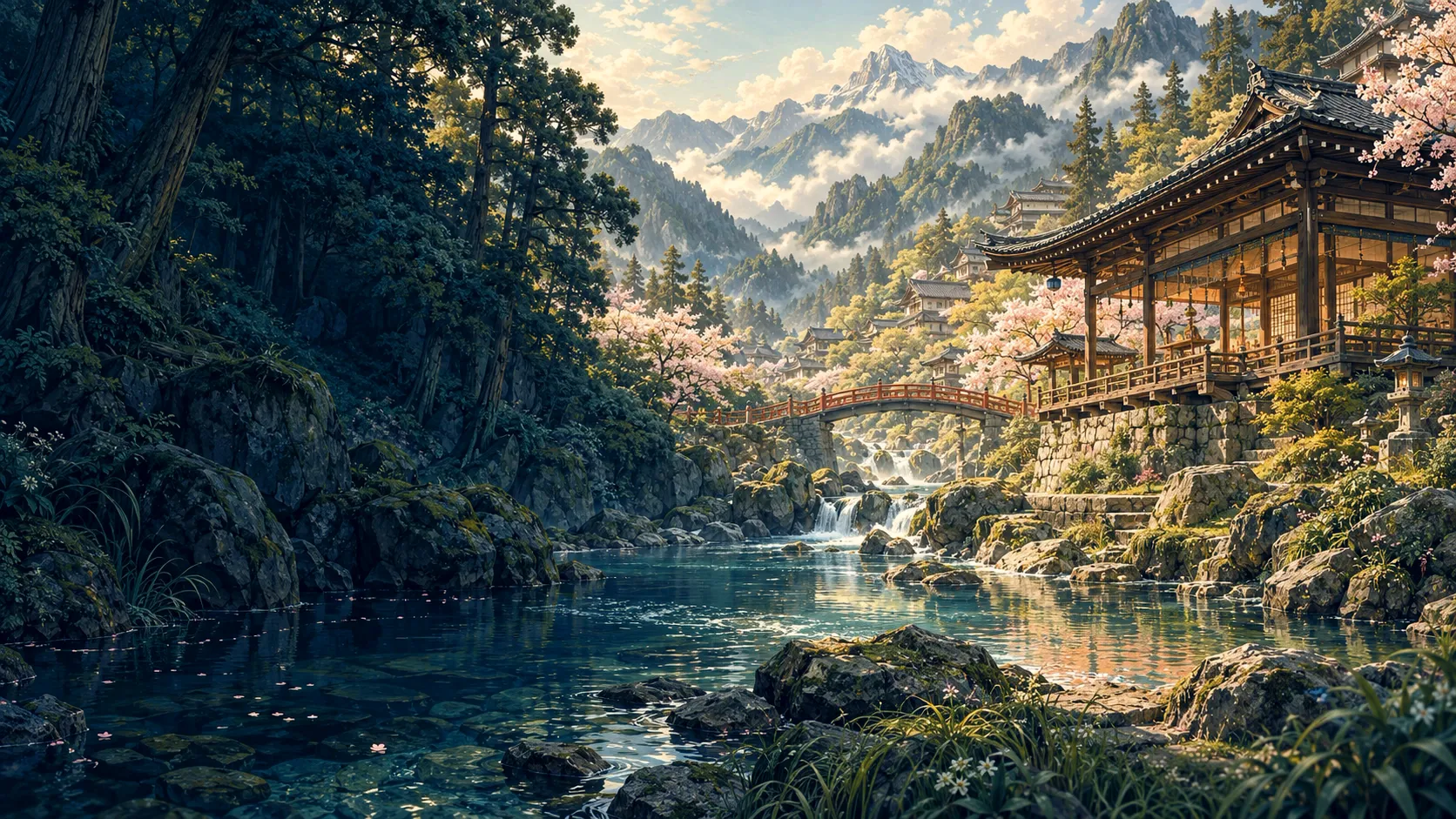 Detailed anime landscape of a Japanese cedar valley, pavilion and jade stream